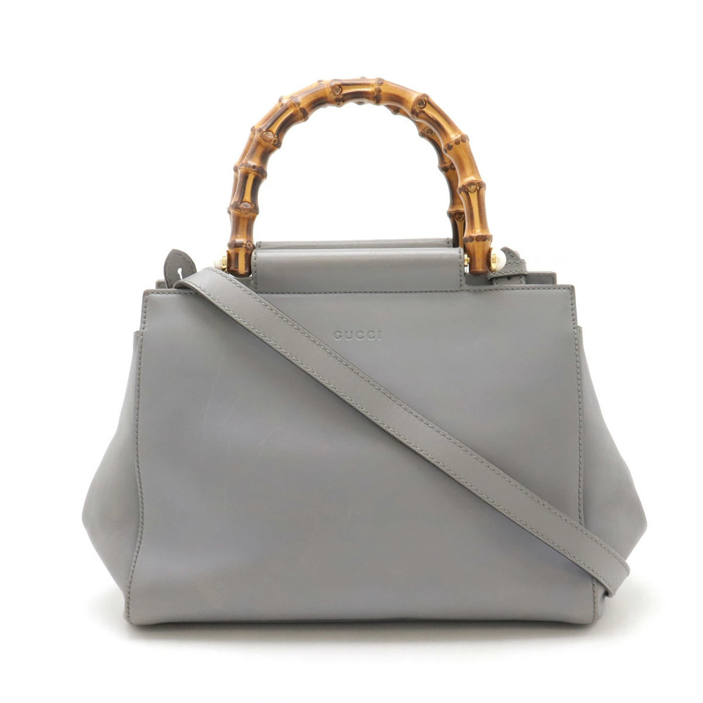 Gucci Bamboo 2way Shoulder Bag Leather Faux Pearl Gray